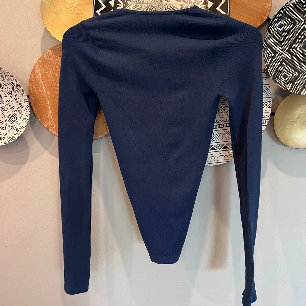 Intimately Free People Navy Blue Ribbed Lace Up Front Long Sleeve Top XS S